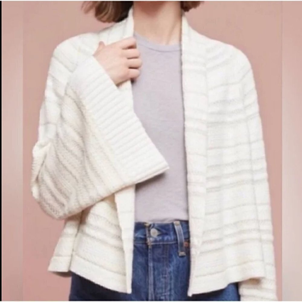 SALE Anthropologie Mahalia Kimono Sleeve Striped Cardigan Open Sweater Cream XS